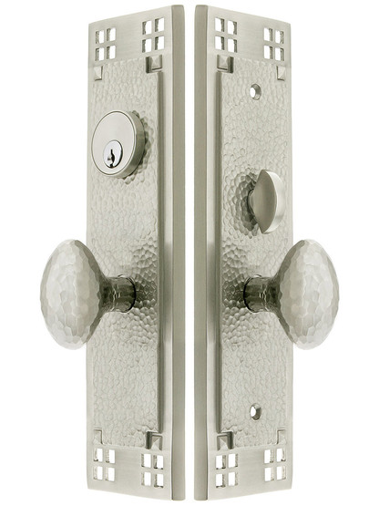 Craftsman F20 Function Mortise Lock Entryset in Satin Nickel with Left Hand Hammered Egg Knobs, and Stop/Release Buttons.